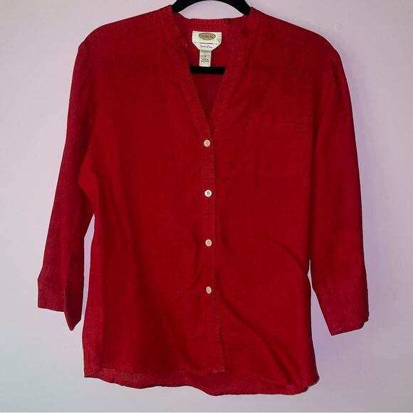 Talbots Size S Irish Linen Red Button-Up Shirt 3/4 Sleeve Minimalist Office - Picture 1 of 7